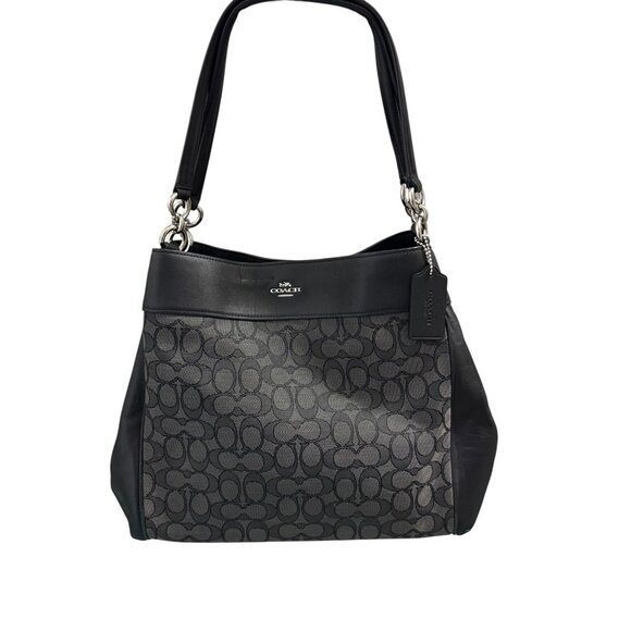 Coach Black Lexy Purse Shoulder Bag Signature Logo Jacquard & Leather F27579 - Picture 1 of 12